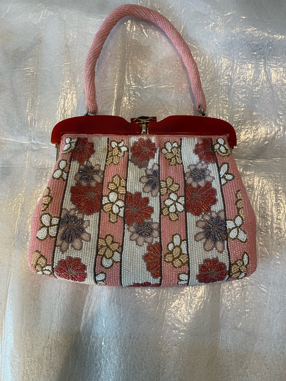 Vintage Pink Beaded Floral Top-Handle Bag